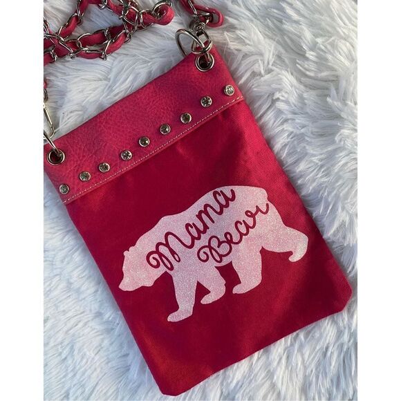NWOT PG Collection Pink Canvas/Leather Mama Bear Crossbody Cell Phone Purse - Picture 8 of 8